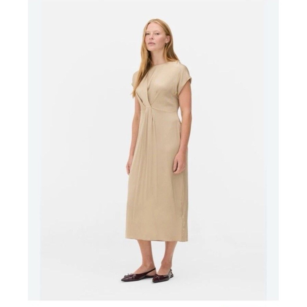 Golden-Beige Satin-like Midi V-neckline Short Sleeves Stretch Dress Sz XS Fits S - Picture 2 of 16
